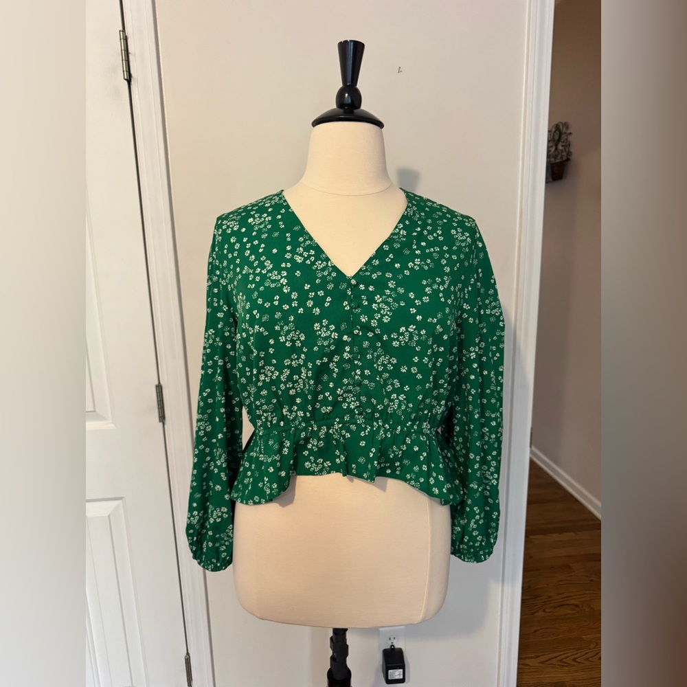 Wednesday’s Girl blouse. Size 18. Green and white. Cropped front.